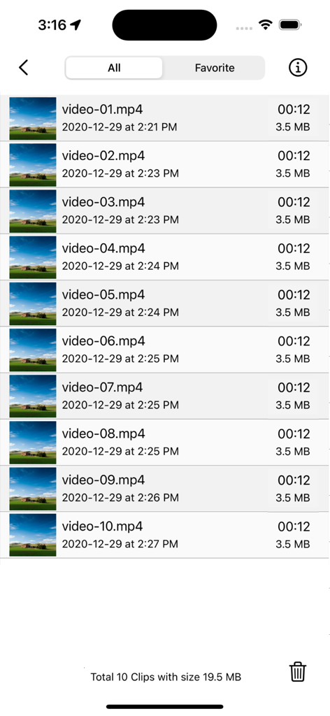 Dash Cam Plus - Dash Cam Plus video library showing a list of recorded driving clips with timestamps and file sizes