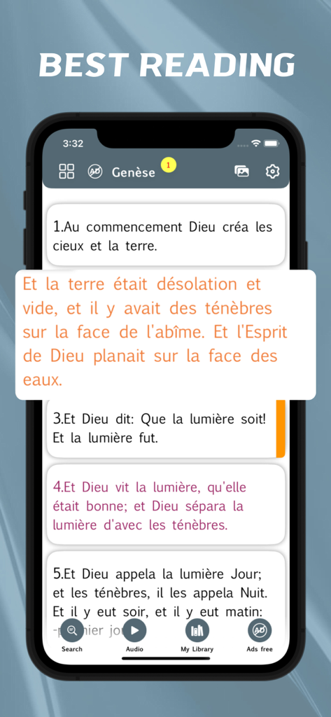 創世記のフランス語聖書の一節を表示するスマートフォンの画面。