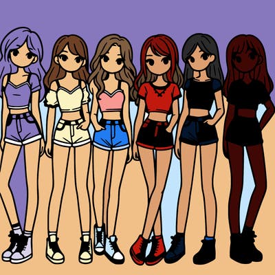 a group of girls wearing crop tops and shorts