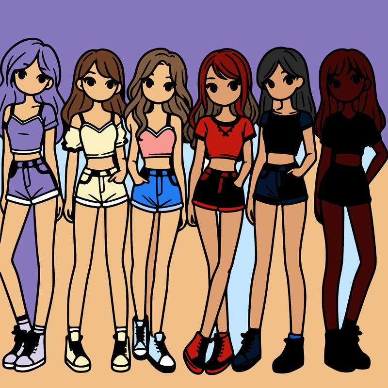 a group of girls wearing crop tops and shorts