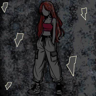 girl in baggy pants crop top and long hair
