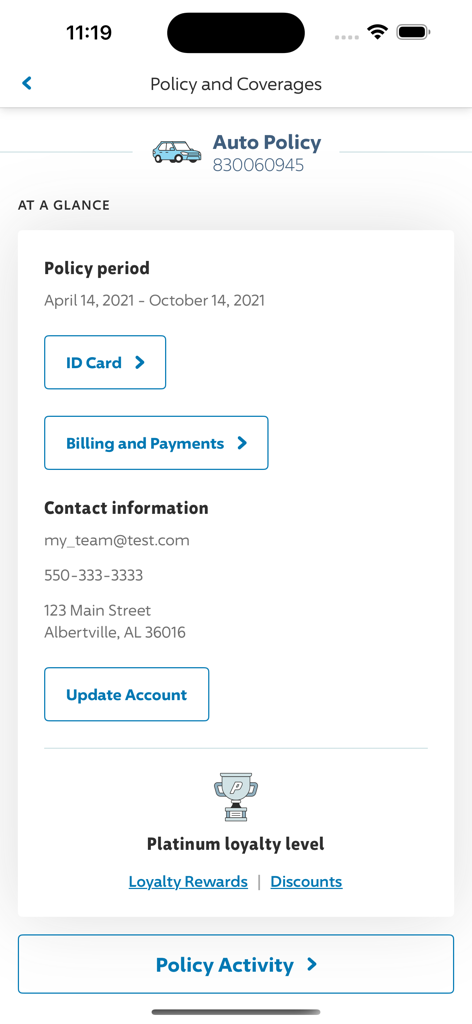 Mobile app screen showing Progressive auto insurance policy details with sections for ID cards billing and loyalty rewards