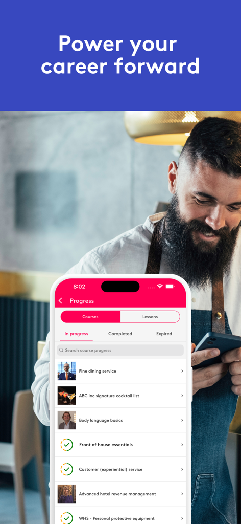 Typsy Mobile - A hospitality professional using the Typsy app to track their career progress and course completions.