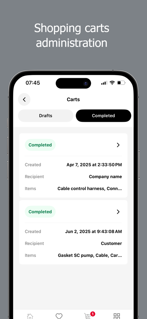 TechAssistant 2.0 - Shopping cart administration screen in the TechAssistant 2.0 app showing a list of completed orders for kitchen equipment service parts.
