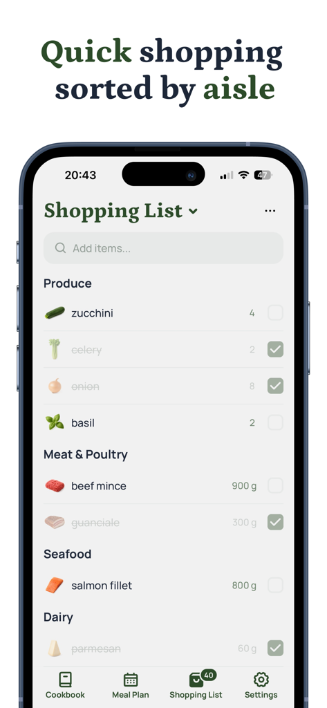 Avocadish: Recipes & Mealplan - Interface de liste d'épicerie de l'application Avocadish montrant les articles d'épicerie organisés par catégories comme les produits frais et la viande.