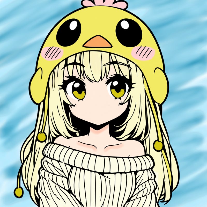 anime girl with chick shaped hat with sweater with bare shoulders with bangs covering them one eye with low tail