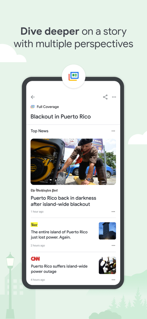 Google News app showing the Full Coverage feature with articles from multiple news sources regarding a blackout in Puerto Rico