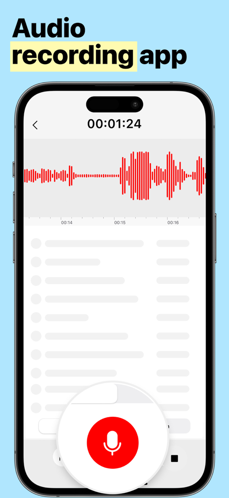 Voice Recorder: Speech-to-Text - Interfaz de la aplicación Voice Recorder en iPhone con una onda de audio roja y un botón de grabación