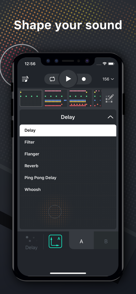 Beat Snap 2 app screen showing audio effects menu including delay filter and reverb with the heading shape your sound
