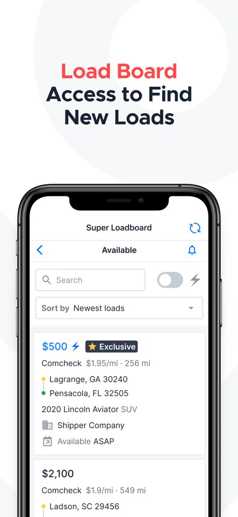 Mobile app interface displaying available car hauling loads on the Super Loadboard.