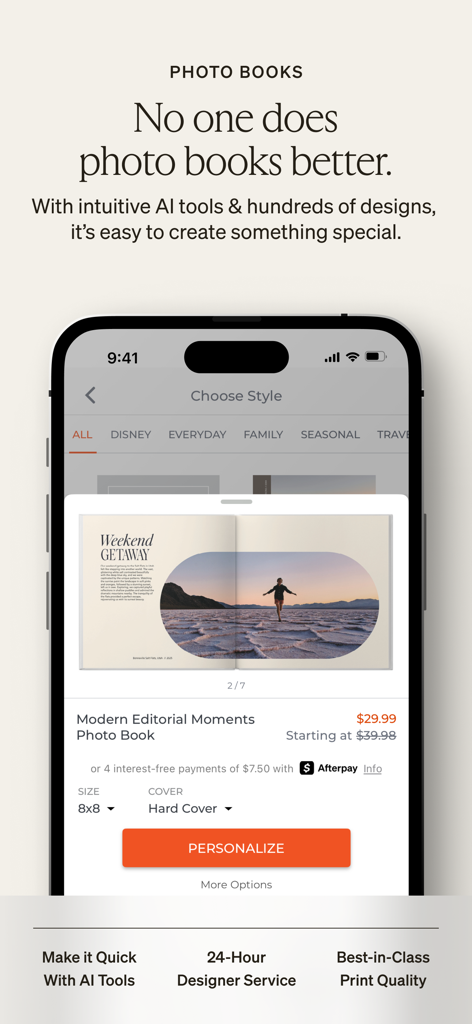Interfaz de la aplicación Shutterfly mostrando estilos de álbumes de fotos personalizados y herramientas de diseño