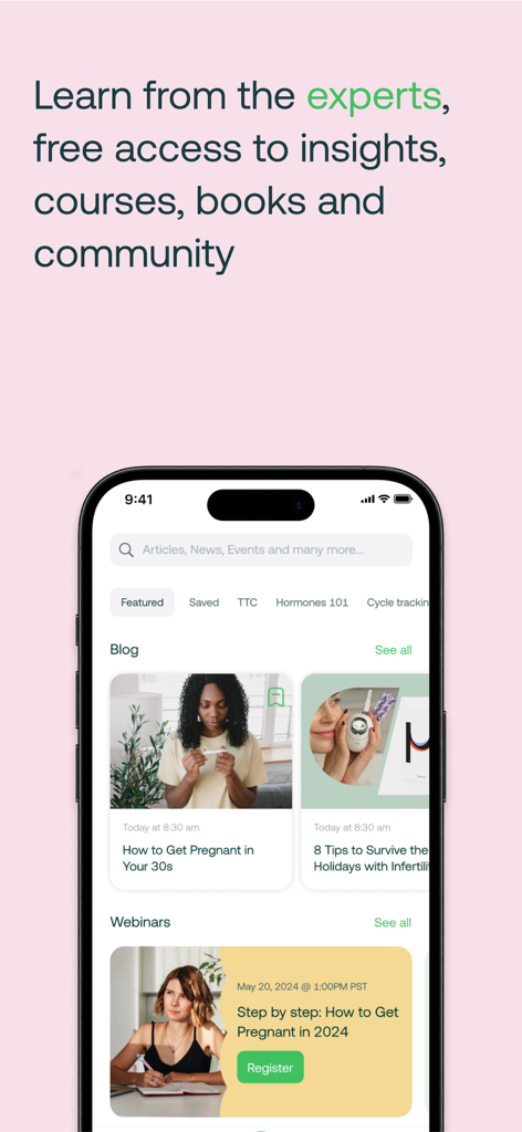 Mira Fertility & Cycle Tracker - Mira Fertility app interface showing expert blog articles and webinars for reproductive health.