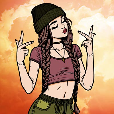 realistic teenage girl with braids and a beanie and crop top doing 🫶🏼