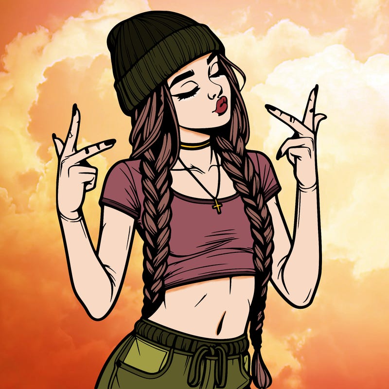 realistic teenage girl with braids and a beanie and crop top doing 🫶🏼