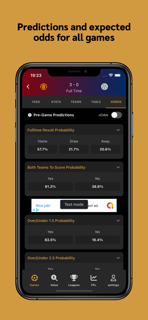 Fine Line - Fine Line app interface displaying pre-game soccer match predictions and win probabilities