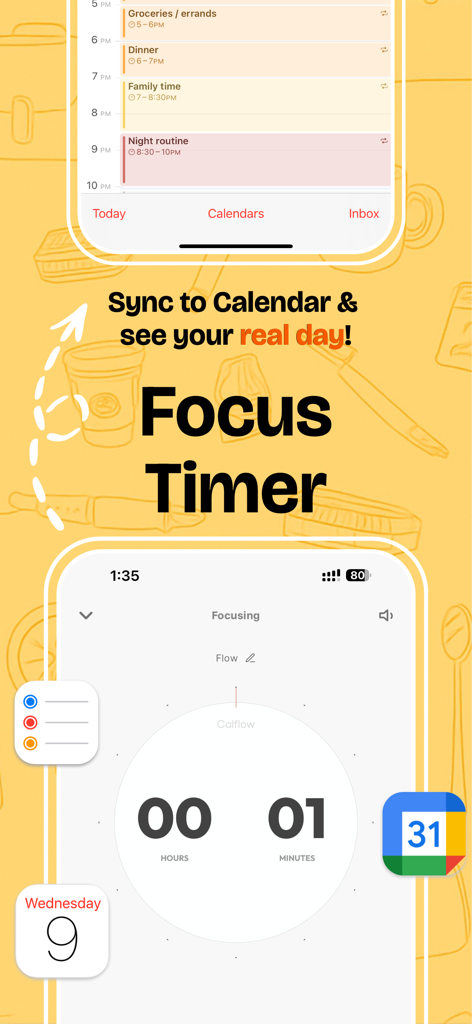 Interface of Calflow app showing a focus timer and daily calendar schedule sync