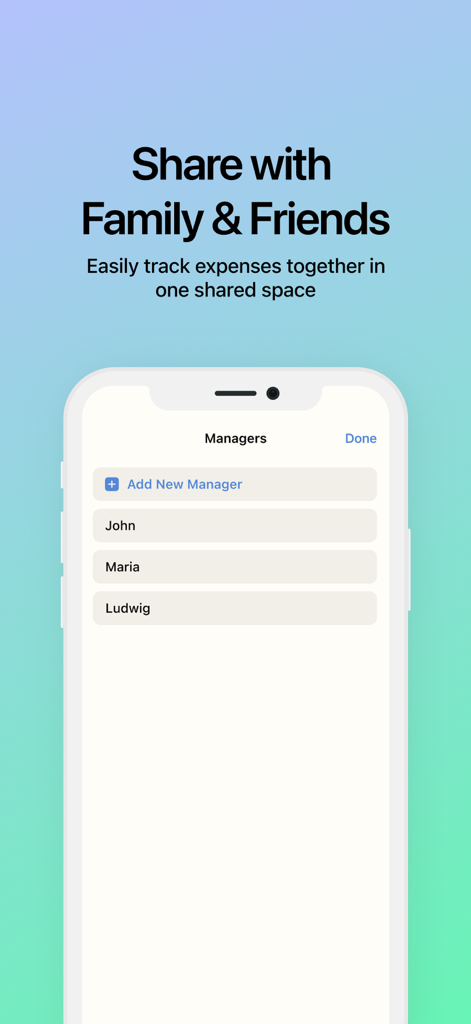 Budget AI: Spending tracker - iPhone screen showing the feature to add and manage family and friends in a shared budget space