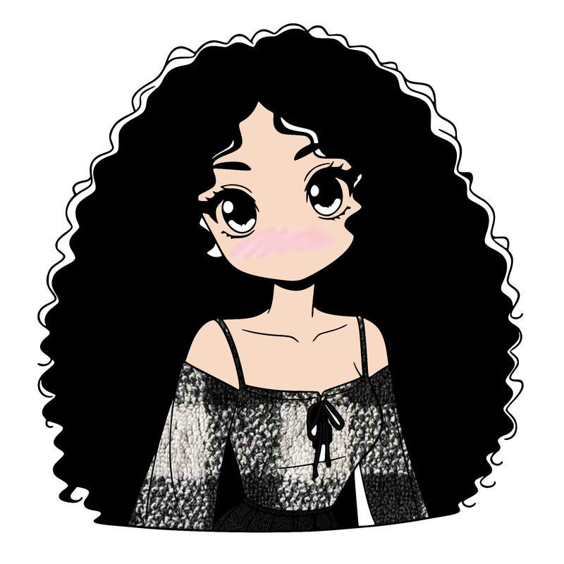 a black anime girl with long afro hair