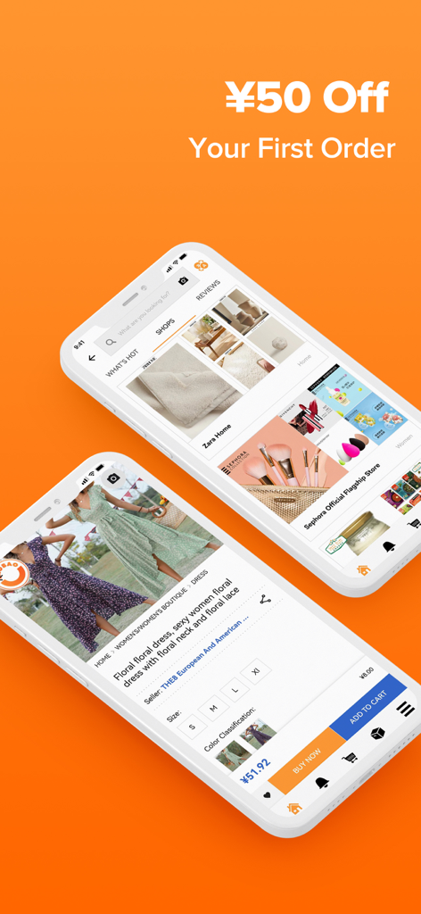Dois smartphones mostrando a interface do aplicativo Baopals com uma oferta de desconto de cinquenta yuans para novos usuários