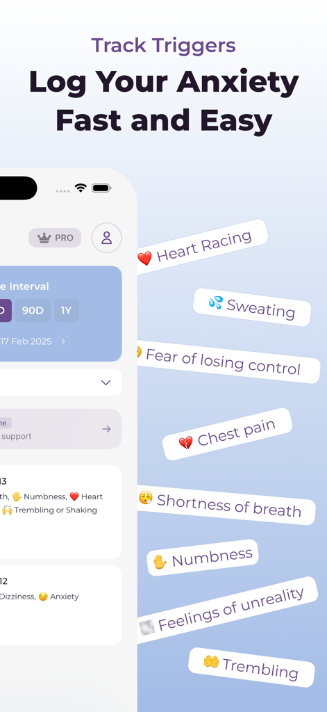 Anxiety Tracker: Mood Journal - Interfaz de pantalla móvil que muestra opciones rápidas de registro para síntomas de ansiedad como palpitaciones y dificultad para respirar.