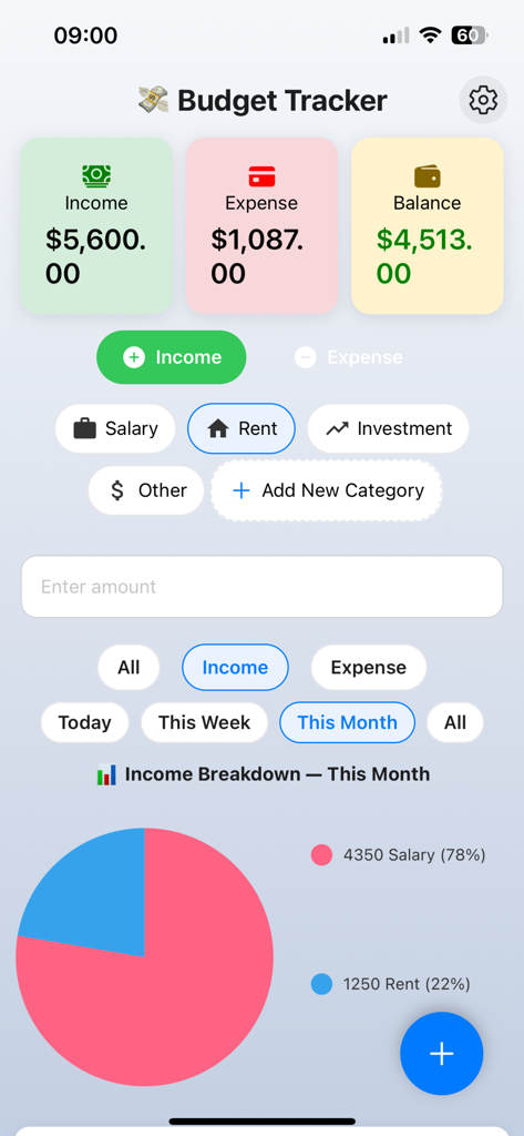 SmartBudget Pro - SmartBudget Pro app dashboard showing income and expense summary cards with an income breakdown pie chart