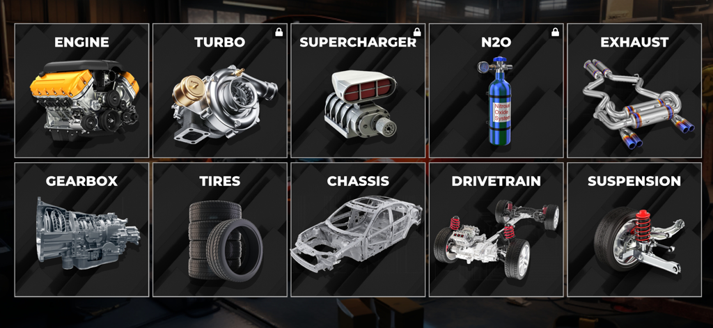 A selection of vehicle performance upgrade parts including engine, turbo, and nitrous oxide for car customization.