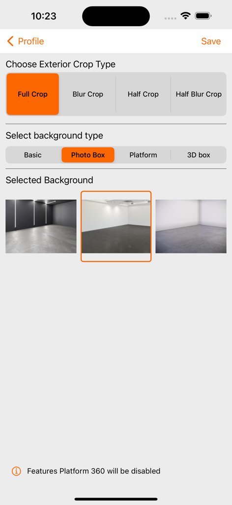 Carmera - Carmera mobile app interface for selecting exterior crop types and professional studio backgrounds for vehicle photos.