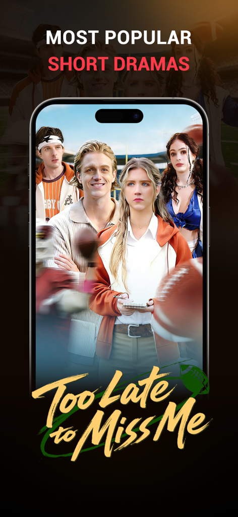Interfaccia dell'app mobile MoboReels con il poster promozionale della serie drammatica breve "Too Late to Miss Me"