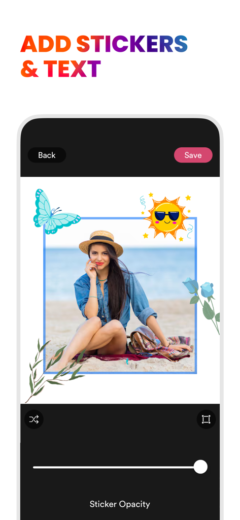 Square Fit: Photo Video Editor - Square Fit app interface showing how to add stickers and text to a beach photo