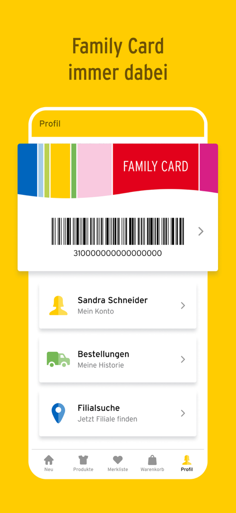 Screenshot der Ernstings Familien-App, der eine digitale Kundenkarte mit einem Barcode und Optionen für das Benutzerprofil zeigt.