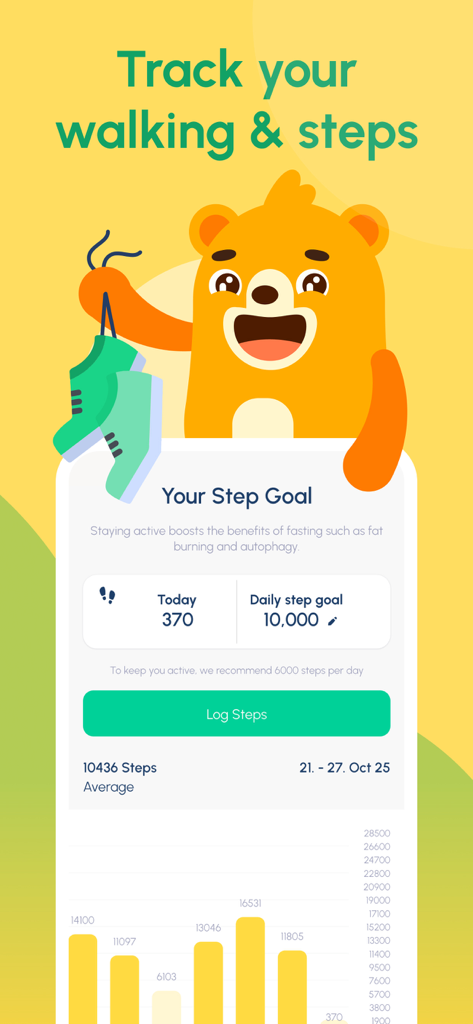 Fastic app interface for tracking daily walking steps and activity goals with a progress bar chart
