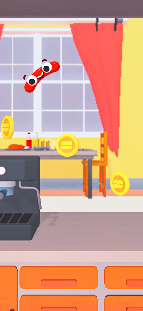 Sausage Game: Jump & Flip - Smiling red sausage character flipping in a kitchen to collect coins