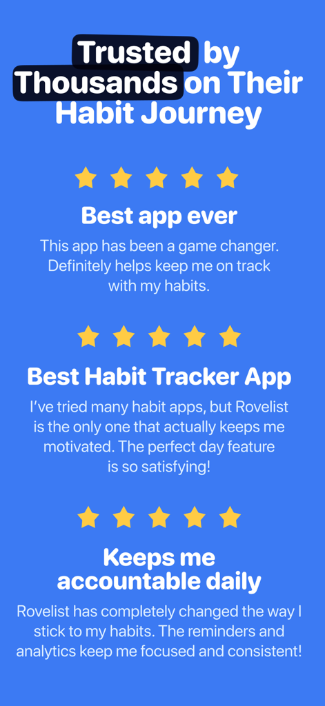 Customer testimonials and five-star reviews for the Rovelist habit tracker app.