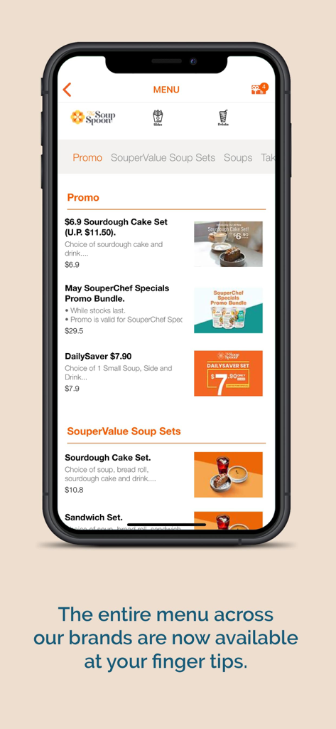 Souperholic App-Menüoberfläche mit verschiedenen Lebensmittelaktionen und Suppensets