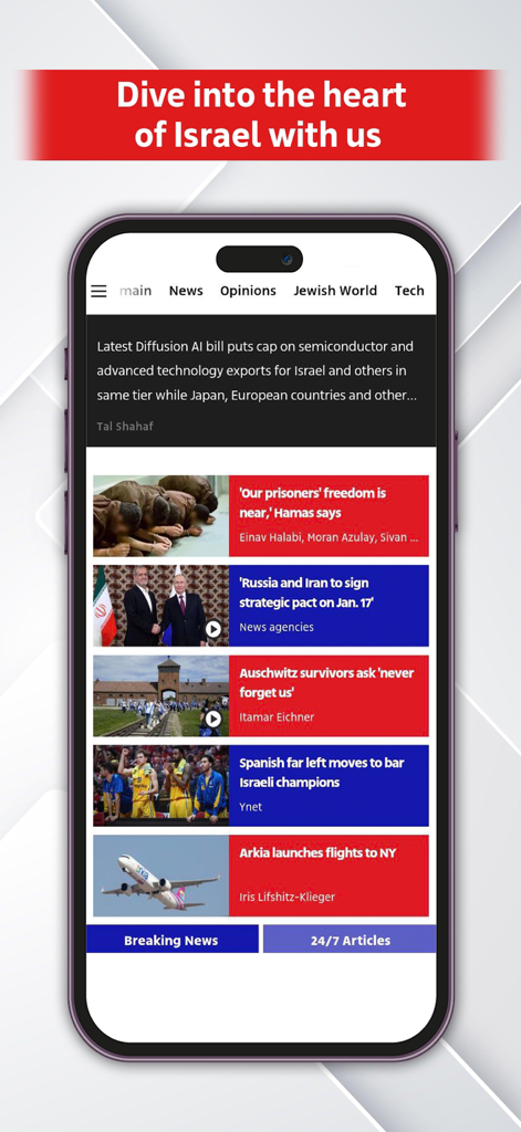 Interface de l'application d'actualités Ynetnews montrant les gros titres des nouvelles d'Israël
