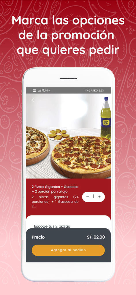 Pizza Raul - Mobile app interface of Pizza Raul showing a special pizza combo promotion