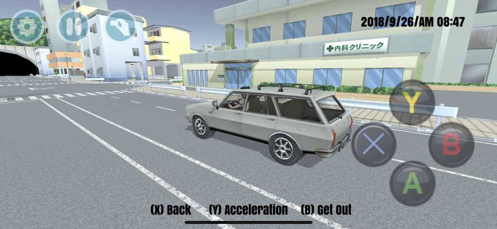 A grey car being driven in a school simulator game