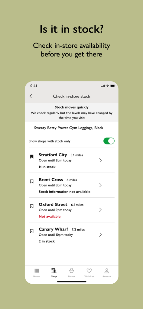 Die mobile App von John Lewis und Partners zeigt die Verfügbarkeit von Produkten in Geschäften für ein bestimmtes Produkt an verschiedenen Standorten.