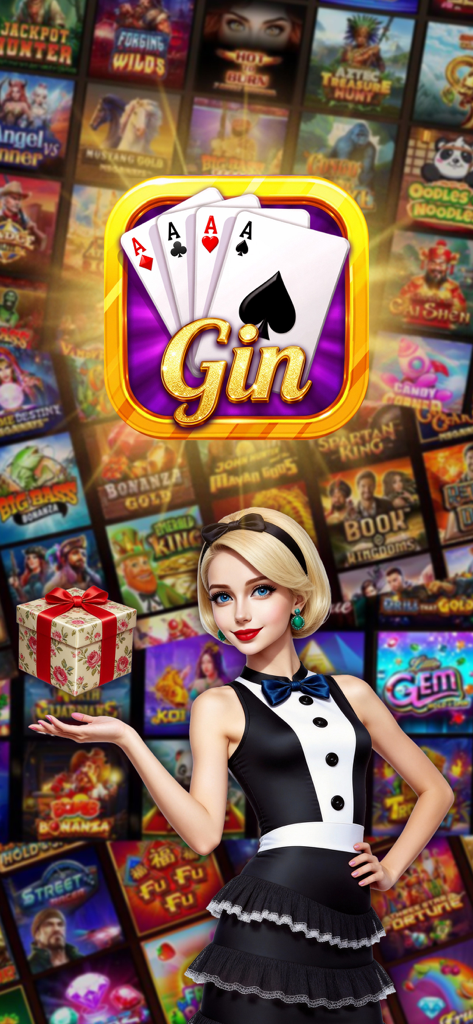 Gin Rummy Mania-No Ads,No Stop - A blonde woman character holding a gift box in front of the Gin Rummy Mania logo and a grid of game icons