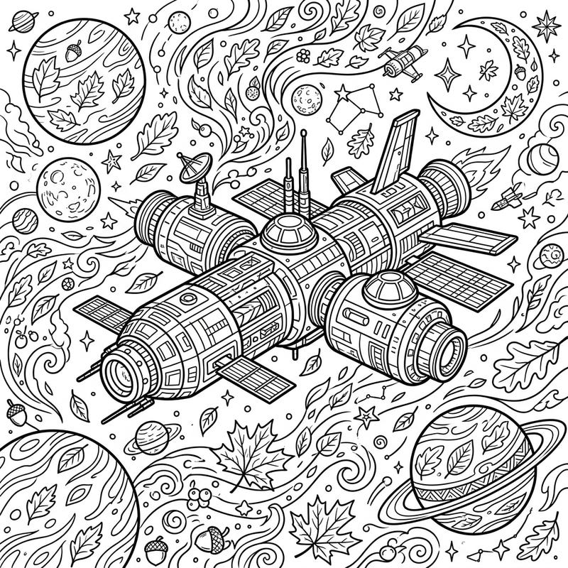 Blast off into a world where futuristic deep space crafts meet the cozy beauty of autumn with this unique coloring page. Discover an intricate scene filled with celestial wonders and falling leaves, perfect for an imaginative escape.