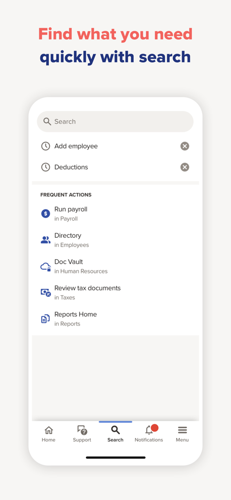 ADP RUN - ADP RUN mobile app search screen showing frequent actions like run payroll and view tax documents