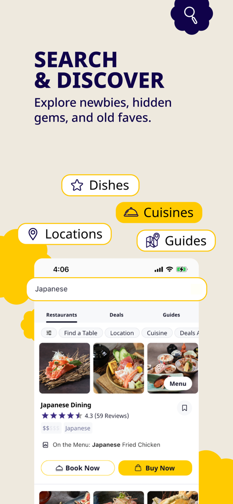 Chope - Dining Made Easy - Chope app search and discover screen with Japanese restaurant listings and booking buttons