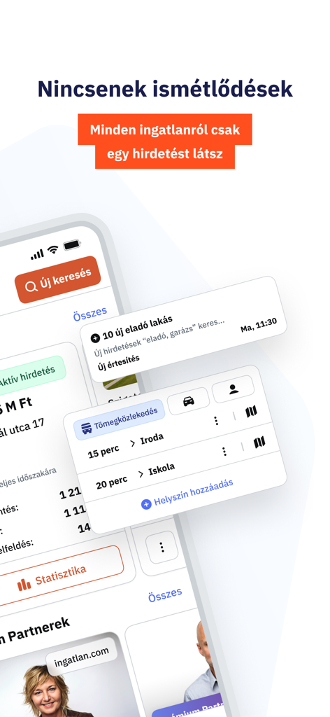ingatlan.comモバイルアプリのスクリーンショット。物件リストと通勤時間情報が表示されています。