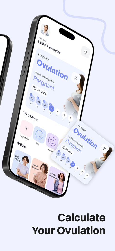 Simple Period Track +Ovulation - Interfaz de la app móvil que muestra predicciones de ovulación y funciones de seguimiento de estado de ánimo en un panel limpio