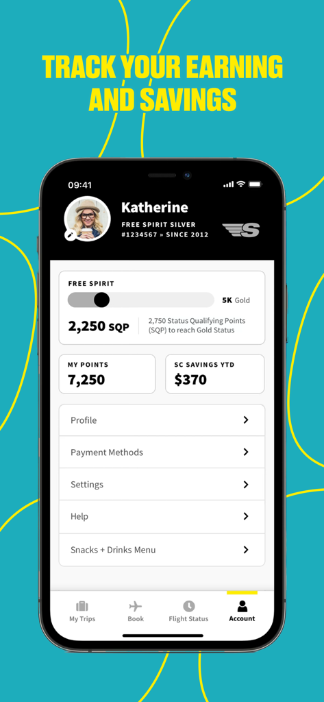 Panel de cuenta de la app Spirit Airlines que muestra puntos Free Spirit y ahorros de viajes en lo que va de año.