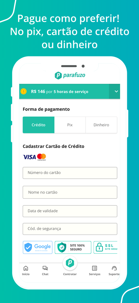 Parafuzo - Diaristas e Faxina - Kassenbildschirm der Parafuzo-App mit Zahlungsoptionen für Kreditkarte, Pix und Bargeld mit Sicherheitsabzeichen.