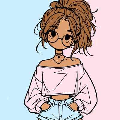 girl with a messy ponytail glasses a baggy crop top and jean shorts