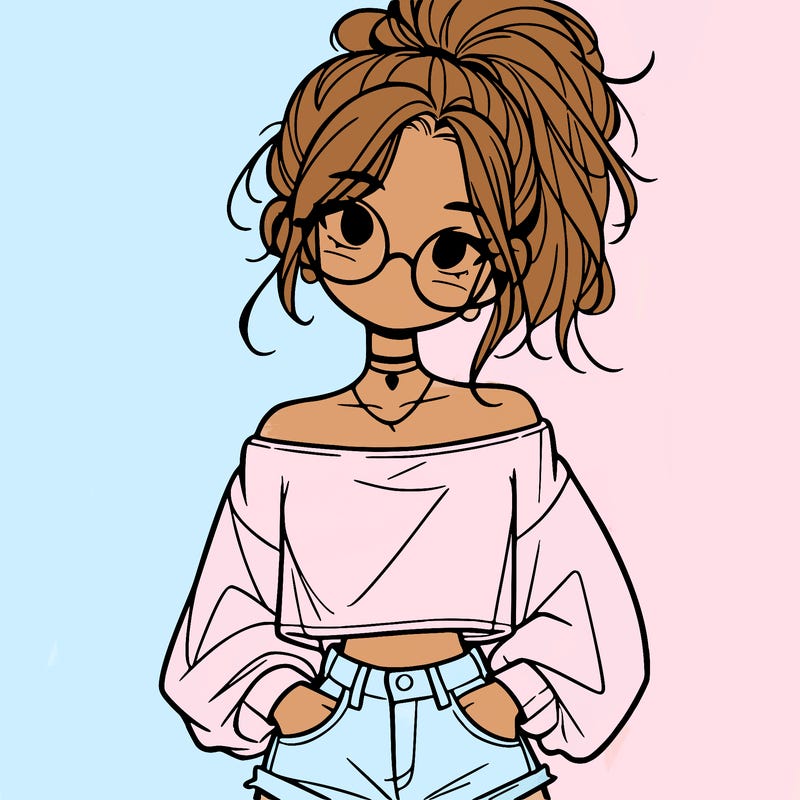 girl with a messy ponytail glasses a baggy crop top and jean shorts