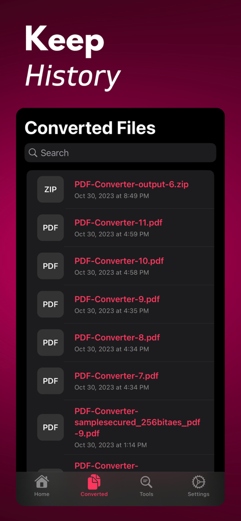 Interface showing a chronological list of converted PDF and ZIP files with search functionality.