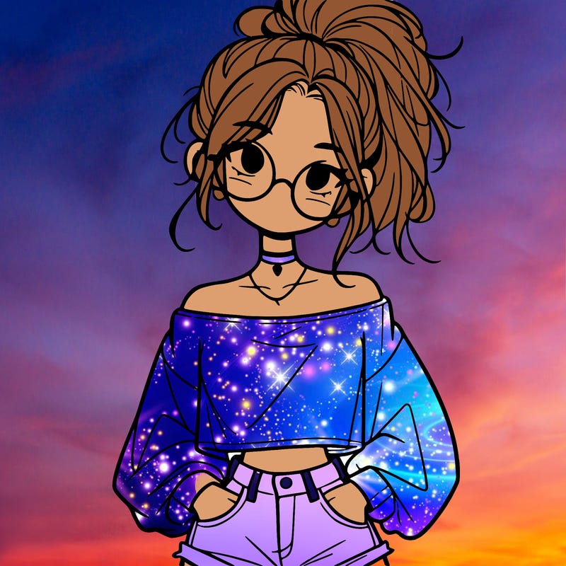 girl with a messy ponytail glasses a baggy crop top and jean shorts